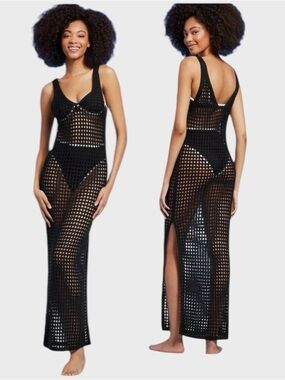 Shade & Shore Black Open-Knit Maxi Cover-Up S NWT